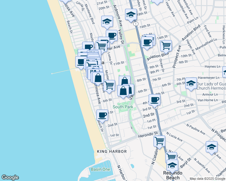 map of restaurants, bars, coffee shops, grocery stores, and more near 751 Loma Drive in Hermosa Beach