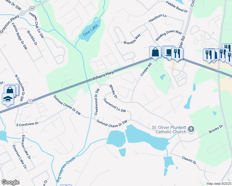 map of restaurants, bars, coffee shops, grocery stores, and more near 3074 Gayle Manor Lane Southwest in Snellville