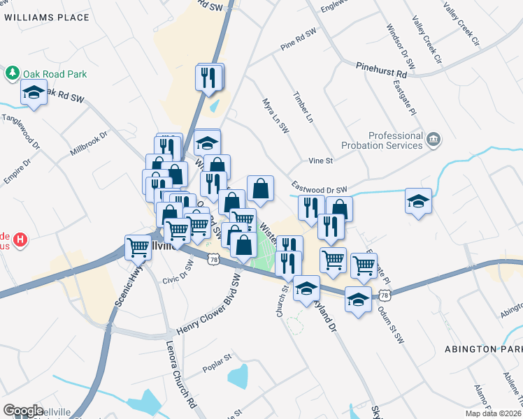 map of restaurants, bars, coffee shops, grocery stores, and more near 2326 Wisteria Drive Southwest in Snellville