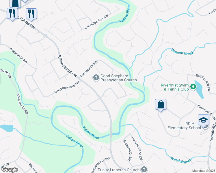 map of restaurants, bars, coffee shops, grocery stores, and more near 3905 Thornhill Drive Southwest in Lilburn