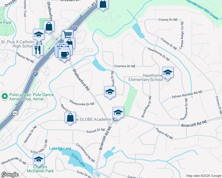 map of restaurants, bars, coffee shops, grocery stores, and more near 2516 Flair Knoll Drive Northeast in Atlanta