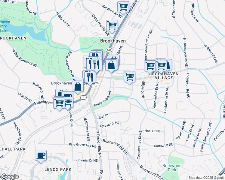 map of restaurants, bars, coffee shops, grocery stores, and more near 1272 Apple Valley Road Northeast in Brookhaven