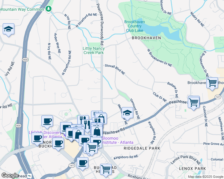 map of restaurants, bars, coffee shops, grocery stores, and more near 3814 Vermont Road Northeast in Atlanta