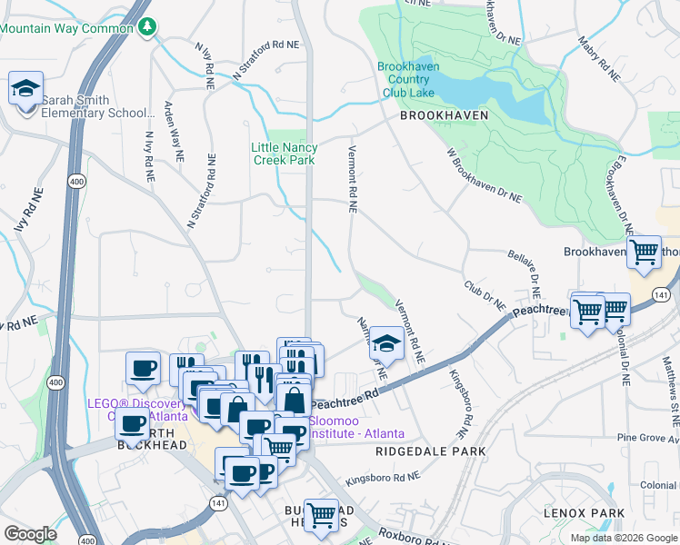 map of restaurants, bars, coffee shops, grocery stores, and more near 3815 Peachtree Dunwoody Road in Atlanta
