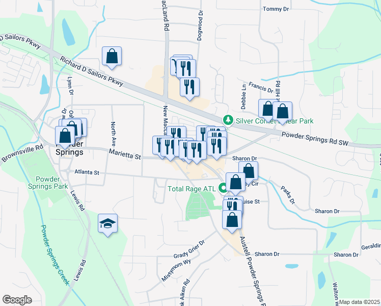 map of restaurants, bars, coffee shops, grocery stores, and more near 4086 Marietta Street in Powder Springs