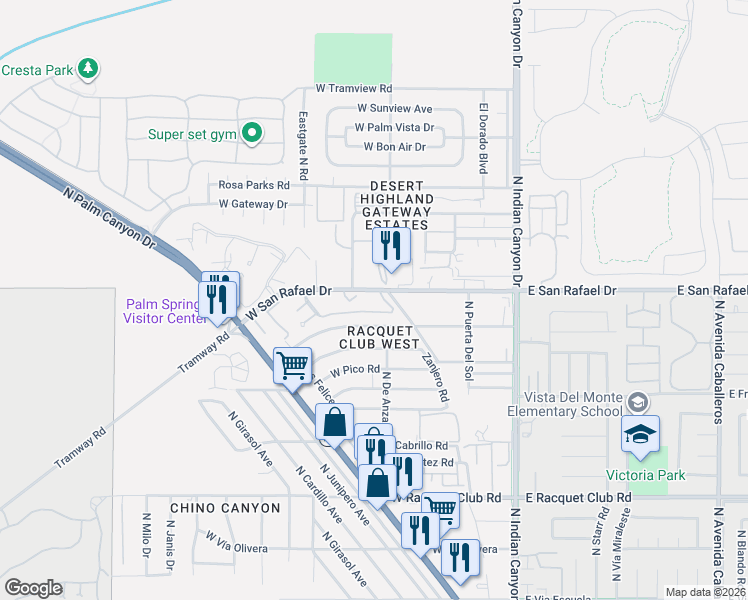 map of restaurants, bars, coffee shops, grocery stores, and more near 420 North Villa Court in Palm Springs
