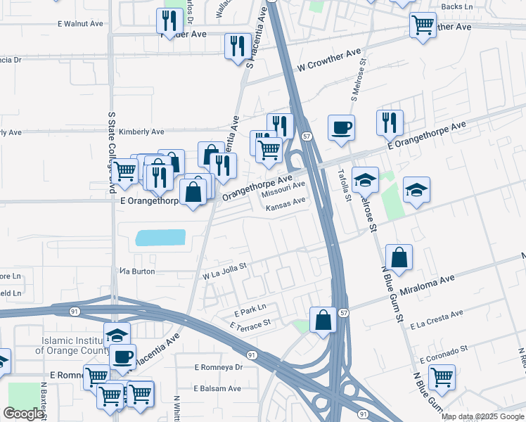 map of restaurants, bars, coffee shops, grocery stores, and more near 650 Kansas Avenue in Placentia