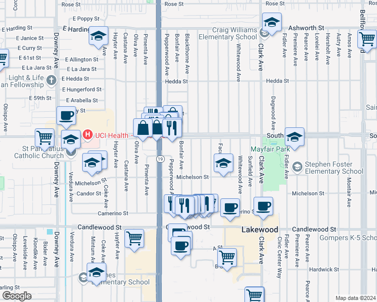 map of restaurants, bars, coffee shops, grocery stores, and more near 5719 Blackthorne Avenue in Lakewood