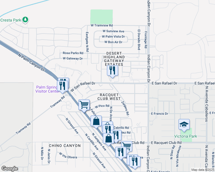 map of restaurants, bars, coffee shops, grocery stores, and more near 9420 North Villa Court in Palm Springs