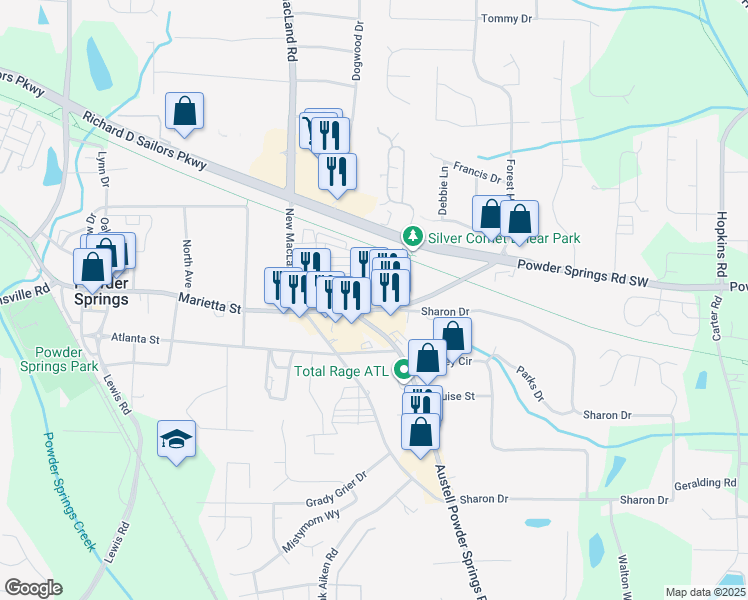 map of restaurants, bars, coffee shops, grocery stores, and more near 4060 Powder Springs Road in Powder Springs