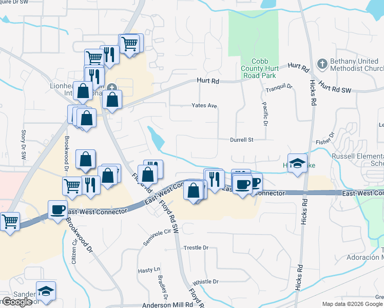 map of restaurants, bars, coffee shops, grocery stores, and more near 1398 Yates Avenue in Austell