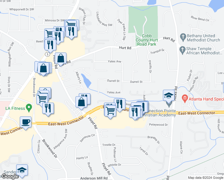 map of restaurants, bars, coffee shops, grocery stores, and more near 1398 Yates Avenue in Austell