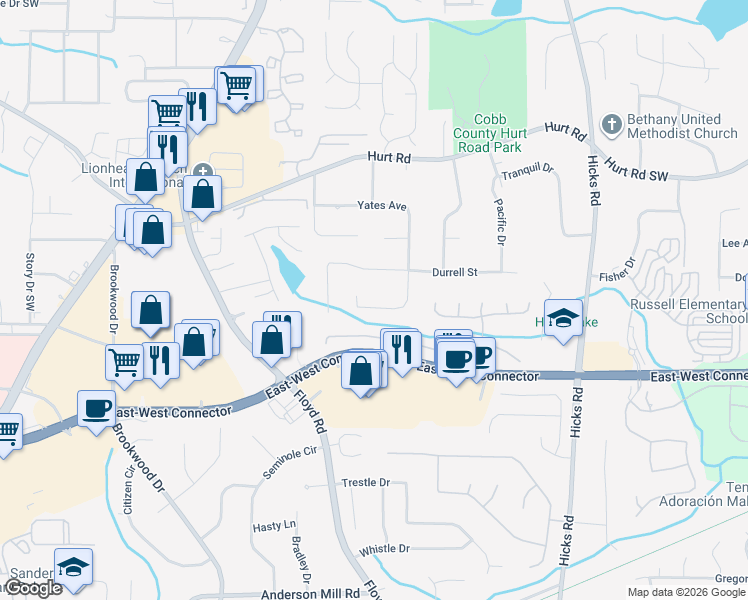 map of restaurants, bars, coffee shops, grocery stores, and more near 1398 Yates Avenue in Austell