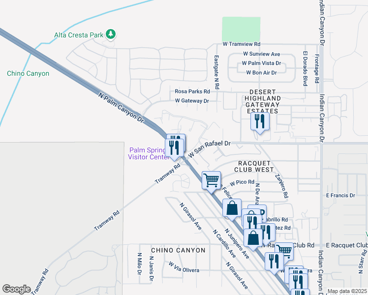 map of restaurants, bars, coffee shops, grocery stores, and more near 2809 Los Felices Circle West in Palm Springs