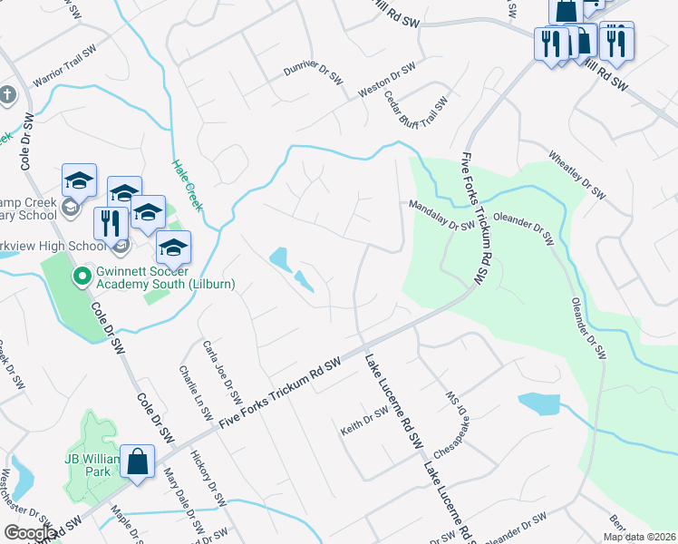 map of restaurants, bars, coffee shops, grocery stores, and more near 4454 Newport View Court in Lilburn