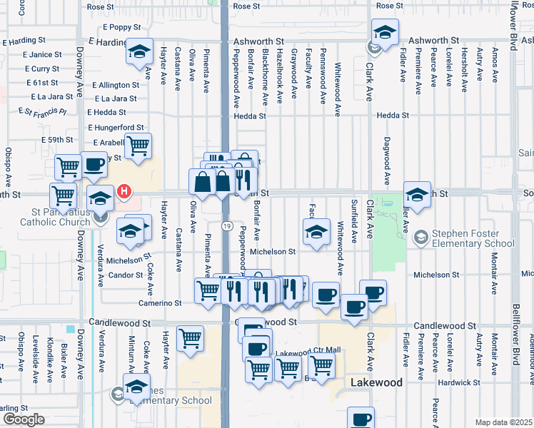 map of restaurants, bars, coffee shops, grocery stores, and more near 5719 Blackthorne Avenue in Lakewood