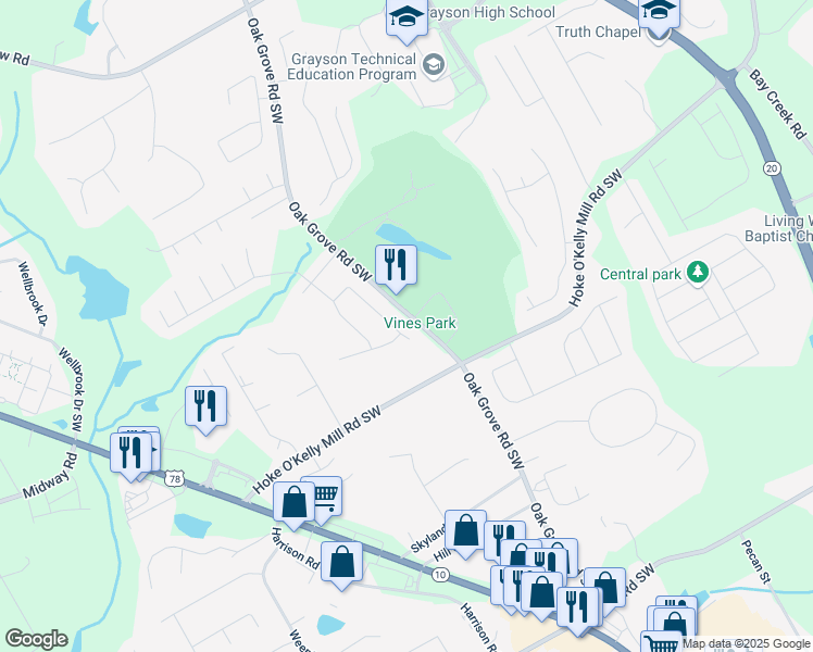 map of restaurants, bars, coffee shops, grocery stores, and more near 3606 Garden Manor Drive Southwest in Loganville
