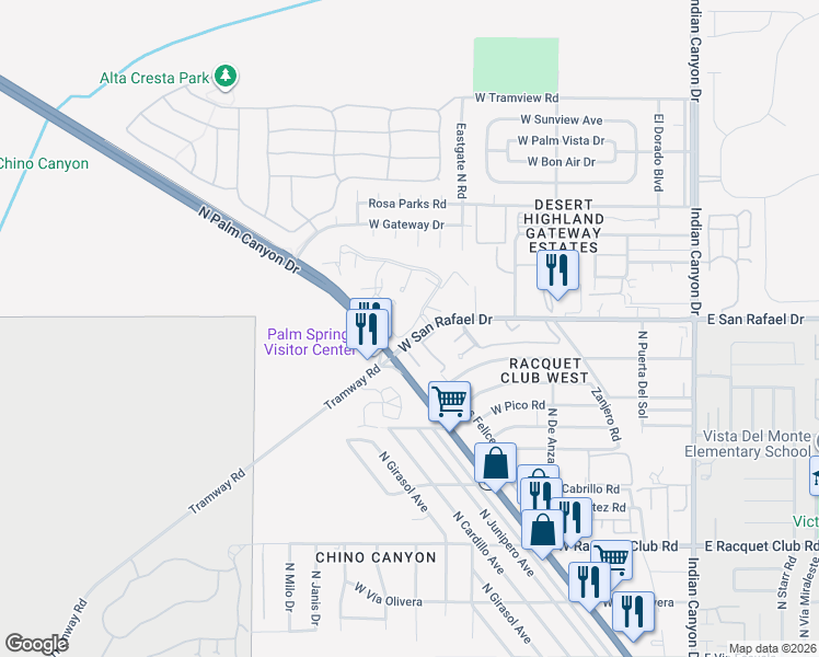 map of restaurants, bars, coffee shops, grocery stores, and more near 600 West San Rafael Drive in Palm Springs