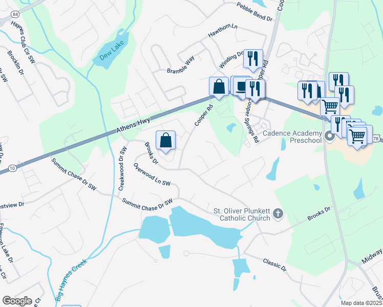 map of restaurants, bars, coffee shops, grocery stores, and more near 2920 Summit Point Court in Snellville