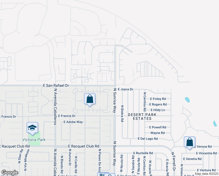 map of restaurants, bars, coffee shops, grocery stores, and more near 1632 Sunflower Court North in Palm Springs