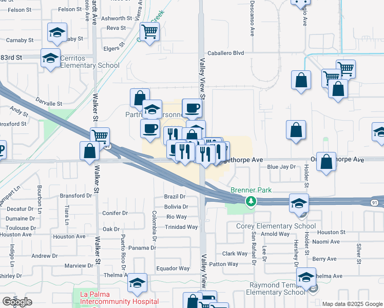 map of restaurants, bars, coffee shops, grocery stores, and more near 4 Centerpointe Drive in La Palma