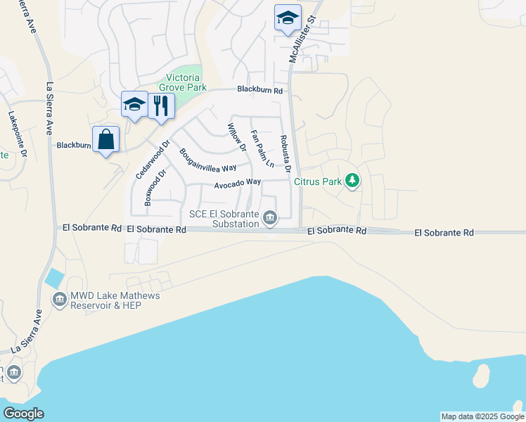 map of restaurants, bars, coffee shops, grocery stores, and more near 17948 Aloe Lane in Riverside