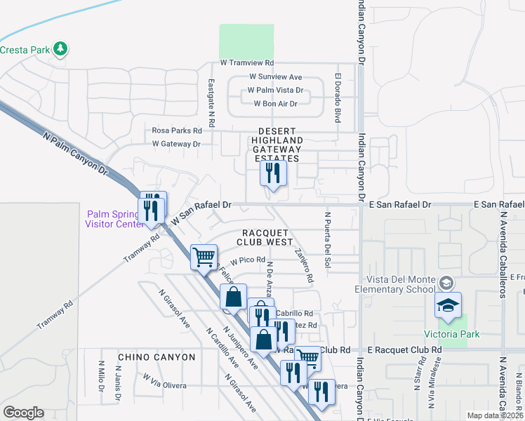 map of restaurants, bars, coffee shops, grocery stores, and more near 420 North Villa Court in Palm Springs