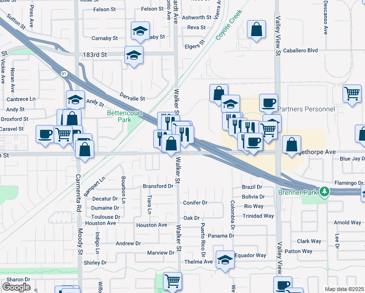 map of restaurants, bars, coffee shops, grocery stores, and more near 5545 Orangethorpe Avenue in La Palma