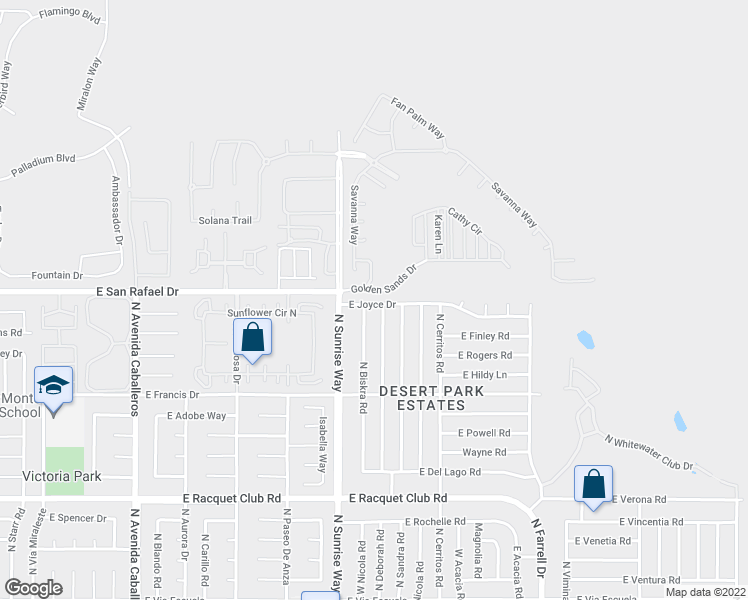 map of restaurants, bars, coffee shops, grocery stores, and more near 1798 East Joyce Drive in Palm Springs