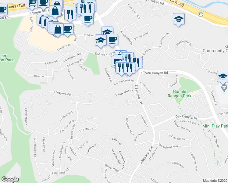 map of restaurants, bars, coffee shops, grocery stores, and more near 8265 East Blackwillow Circle in Anaheim