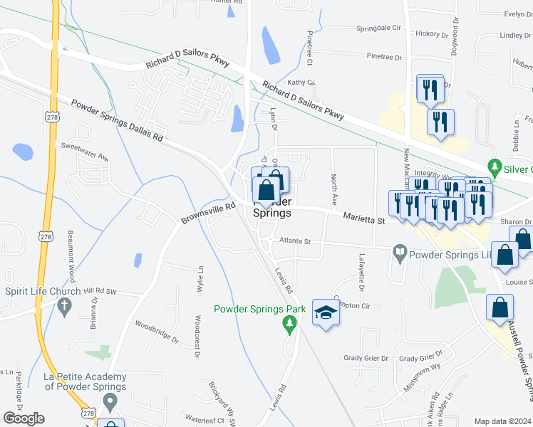 map of restaurants, bars, coffee shops, grocery stores, and more near 4455 Marietta Street in Powder Springs