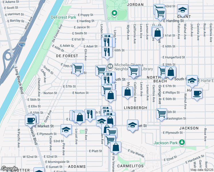 map of restaurants, bars, coffee shops, grocery stores, and more near 5711 Atlantic Avenue in Long Beach