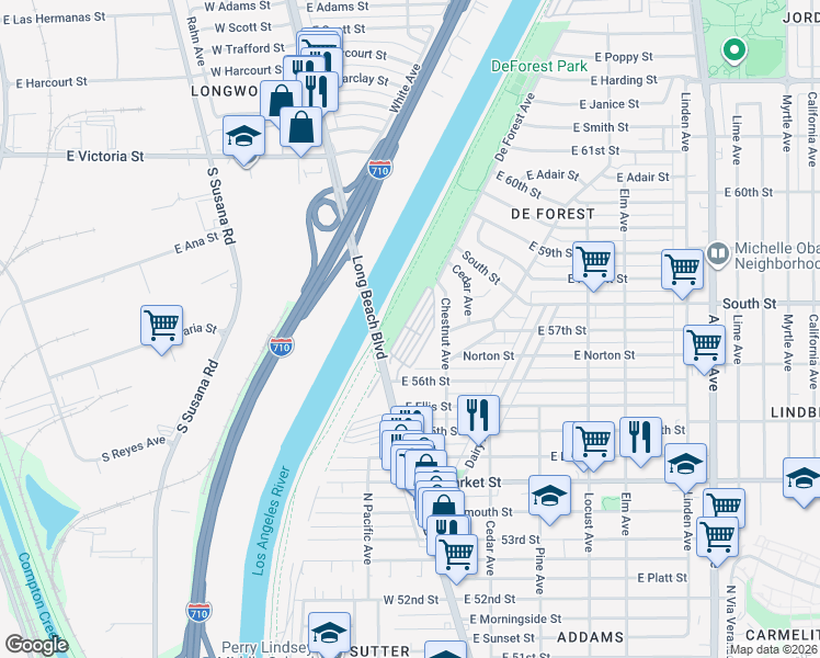 map of restaurants, bars, coffee shops, grocery stores, and more near Gary Avenue in Long Beach