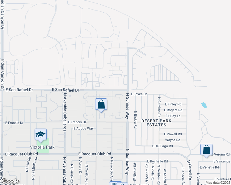 map of restaurants, bars, coffee shops, grocery stores, and more near 1548 Sunflower Court North in Palm Springs