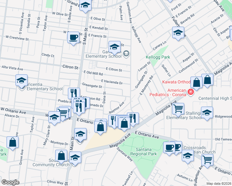 map of restaurants, bars, coffee shops, grocery stores, and more near 366 Greengates Street in Corona