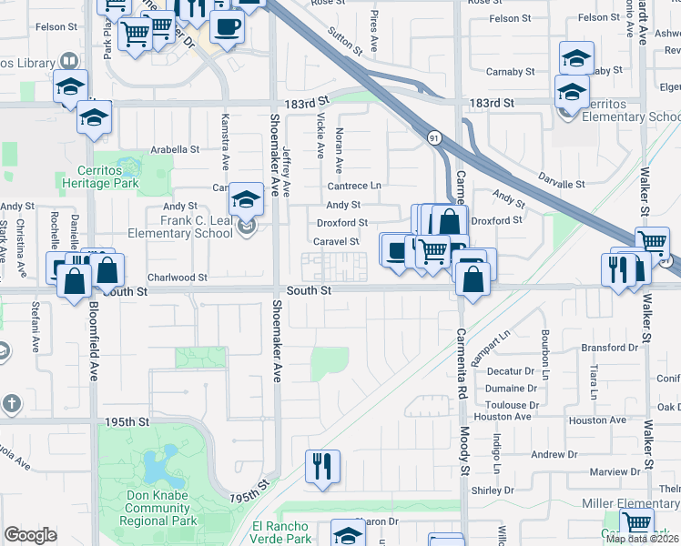 map of restaurants, bars, coffee shops, grocery stores, and more near 18944 Vickie Avenue in Cerritos