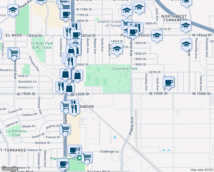 map of restaurants, bars, coffee shops, grocery stores, and more near 4171 West 190th Street in Torrance