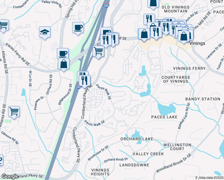 map of restaurants, bars, coffee shops, grocery stores, and more near 2618 Paces Place in Atlanta