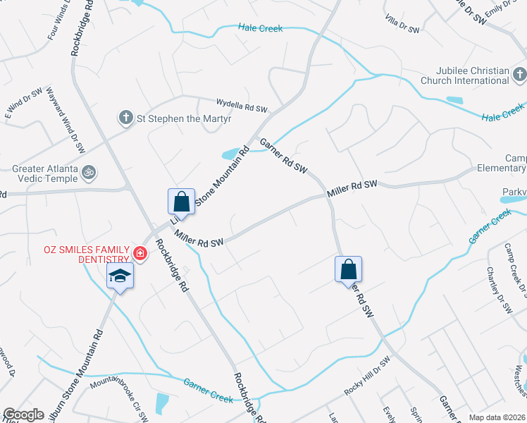map of restaurants, bars, coffee shops, grocery stores, and more near 5221 Miller Road Southwest in Lilburn