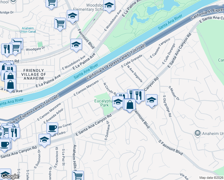 map of restaurants, bars, coffee shops, grocery stores, and more near 6279 East Paseo Canoa in Anaheim