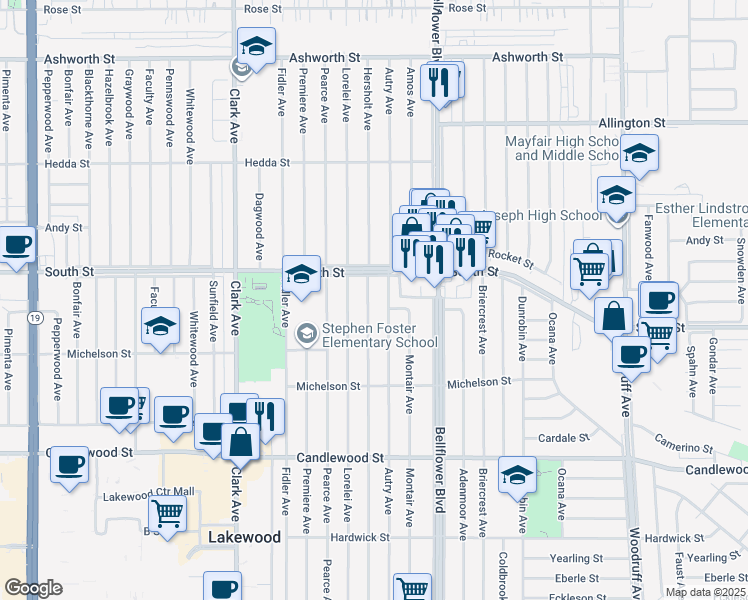map of restaurants, bars, coffee shops, grocery stores, and more near 5718 Hersholt Avenue in Lakewood