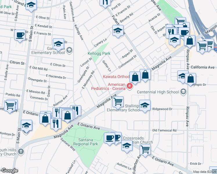 map of restaurants, bars, coffee shops, grocery stores, and more near 1931 Kellogg Avenue in Corona