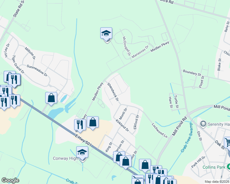 map of restaurants, bars, coffee shops, grocery stores, and more near 3104 Shandwick Drive in Conway