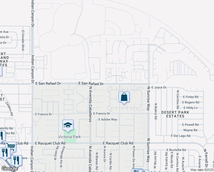 map of restaurants, bars, coffee shops, grocery stores, and more near 3175 Sunflower Loop North in Palm Springs