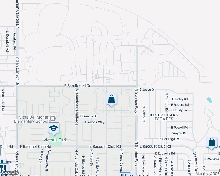 map of restaurants, bars, coffee shops, grocery stores, and more near 1346 Sunflower Circle East in Palm Springs