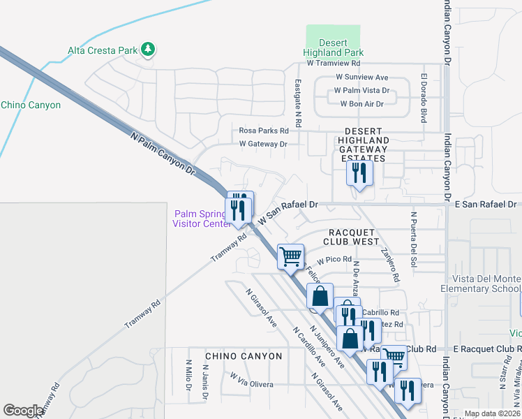 map of restaurants, bars, coffee shops, grocery stores, and more near 2809 Los Felices Circle East in Palm Springs