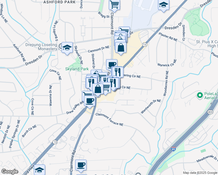 map of restaurants, bars, coffee shops, grocery stores, and more near 3976 Buford Highway Northeast in Atlanta