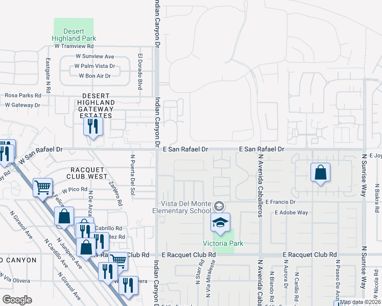 map of restaurants, bars, coffee shops, grocery stores, and more near 445 East San Rafael Drive in Palm Springs