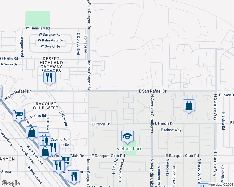 map of restaurants, bars, coffee shops, grocery stores, and more near 3045 Sequoia Drive North in Palm Springs