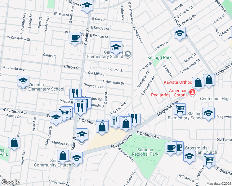 map of restaurants, bars, coffee shops, grocery stores, and more near 366 Greengates Street in Corona
